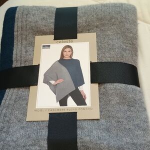 Celeste Wool Cashmere Blend Poncho Colorblock Teal Slate NWT